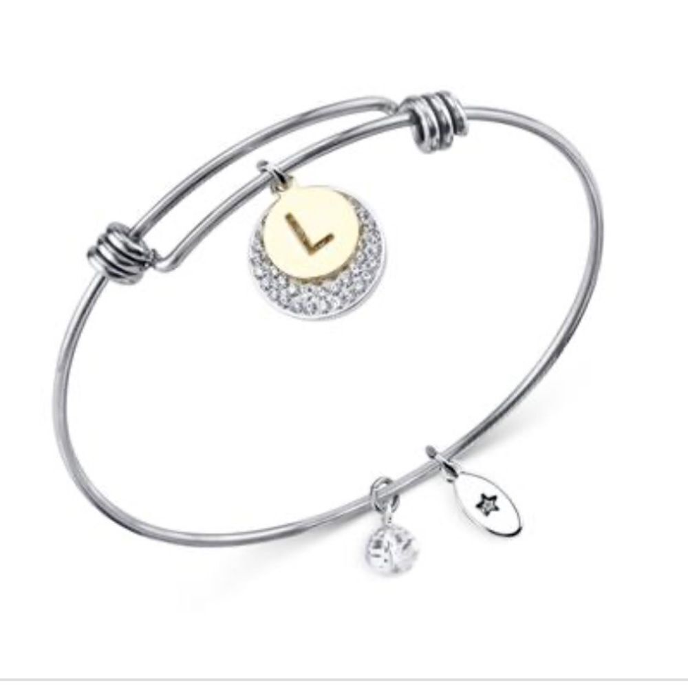 Unwritten Pave and Initial Disc Bangle Bracelet in Stainless Steel Silver Plated